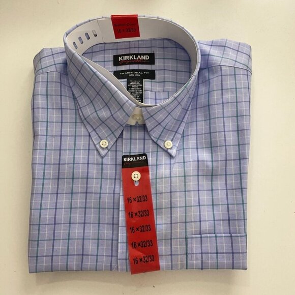 NEW Kirkland Signature Mens 16x32/33 Traditional Fit Non-Iron Dress Shirt Blue - Picture 2 of 5